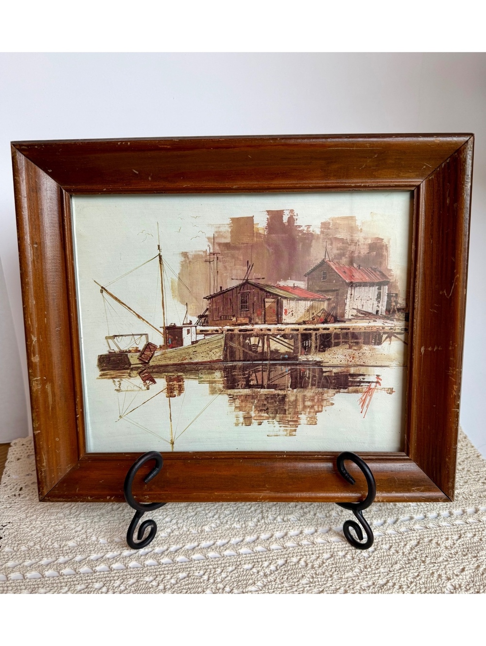 Vintage Framed Harbor Seascape Print Solid Wood Frame Coastal Wall Art